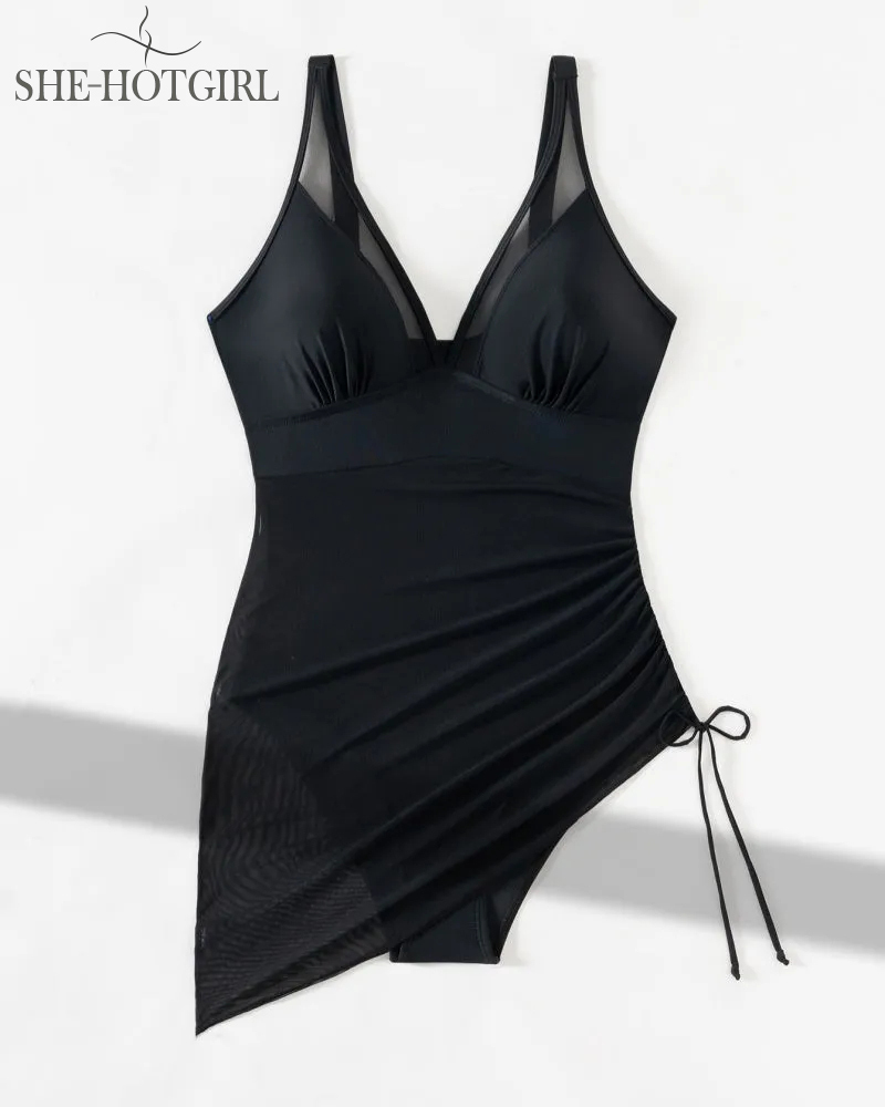 Slim backless shapewear swimsuit made of mesh with deep V neck and drawstring