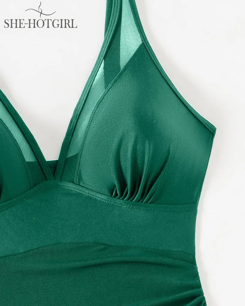 Slim backless shapewear swimsuit made of mesh with deep V neck and drawstring