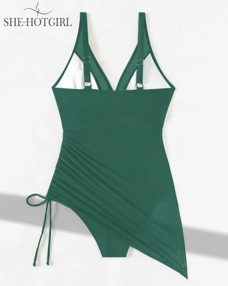 Slim backless shapewear swimsuit made of mesh with deep V neck and drawstring