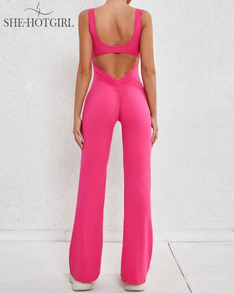 Sporty yoga jumpsuit with flared legs and hollow back