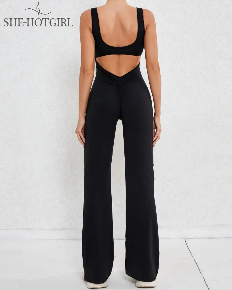 Sporty yoga jumpsuit with flared legs and hollow back
