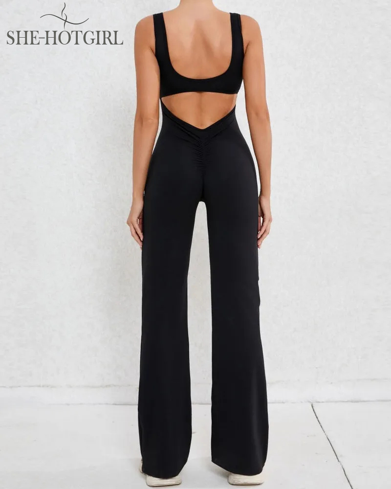 Sporty yoga jumpsuit with flared legs and hollow back