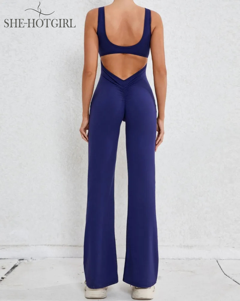 Sporty yoga jumpsuit with flared legs and hollow back