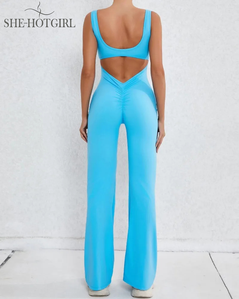 Sporty yoga jumpsuit with flared legs and hollow back