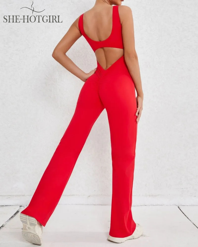 Sporty yoga jumpsuit with flared legs and hollow back
