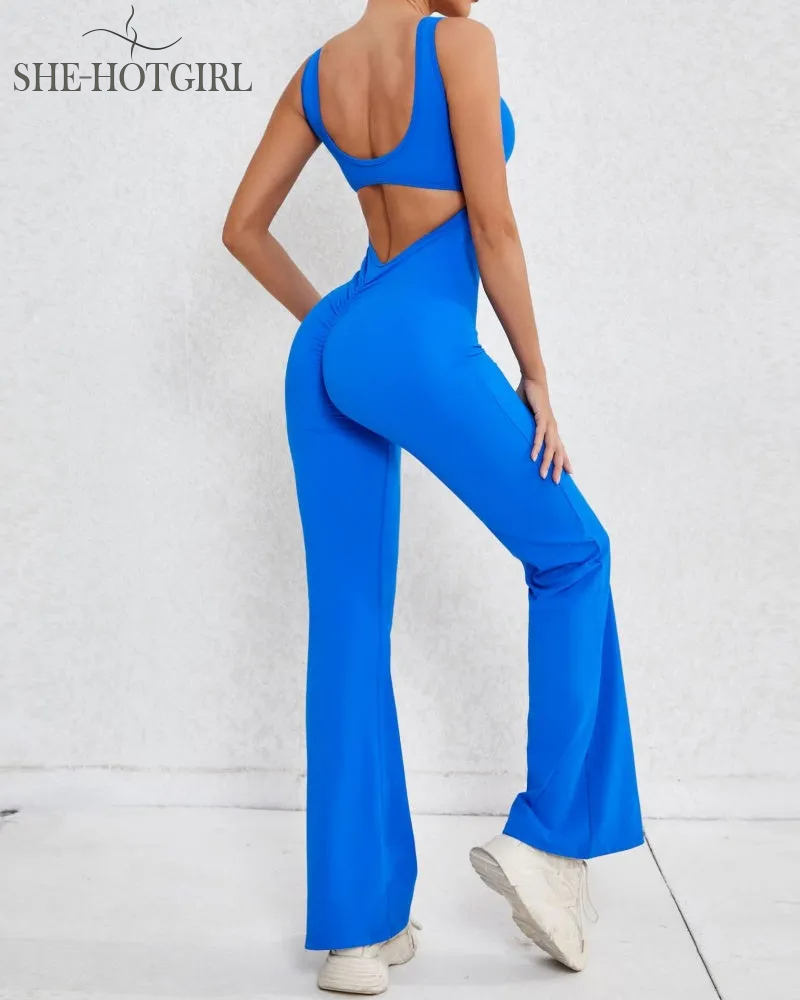Sporty yoga jumpsuit with flared legs and hollow back
