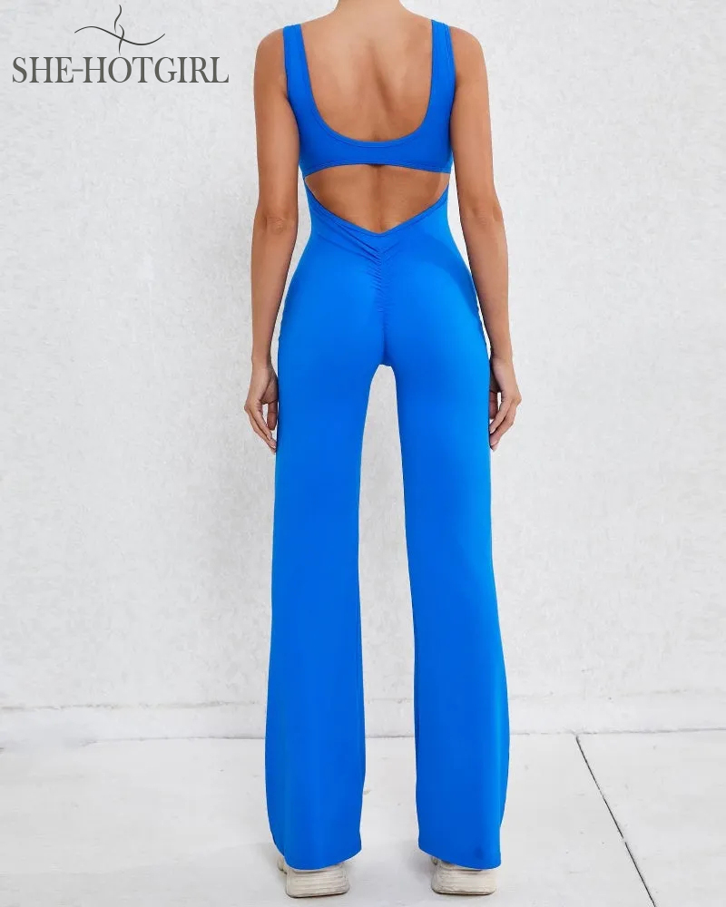 Sporty yoga jumpsuit with flared legs and hollow back