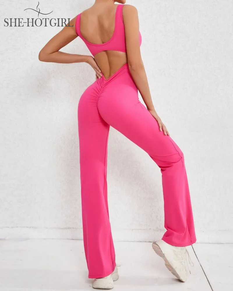 Sporty yoga jumpsuit with flared legs and hollow back