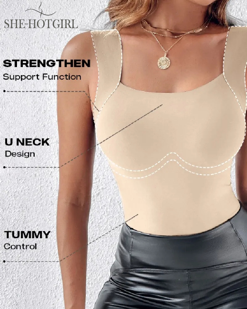 U-neck Seamless Stretchy Sleeveless Shapewear Built-in Bra Tank Tops