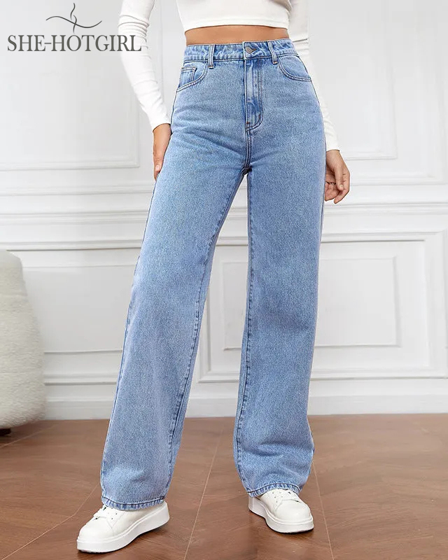 Women's High Waist Zipper Fly Straight Leg Baggy Jeans