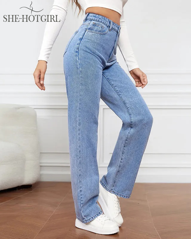 Women's High Waist Zipper Fly Straight Leg Baggy Jeans