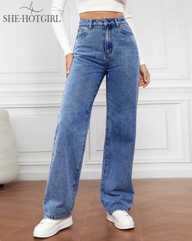 Women's High Waist Zipper Fly Straight Leg Baggy Jeans