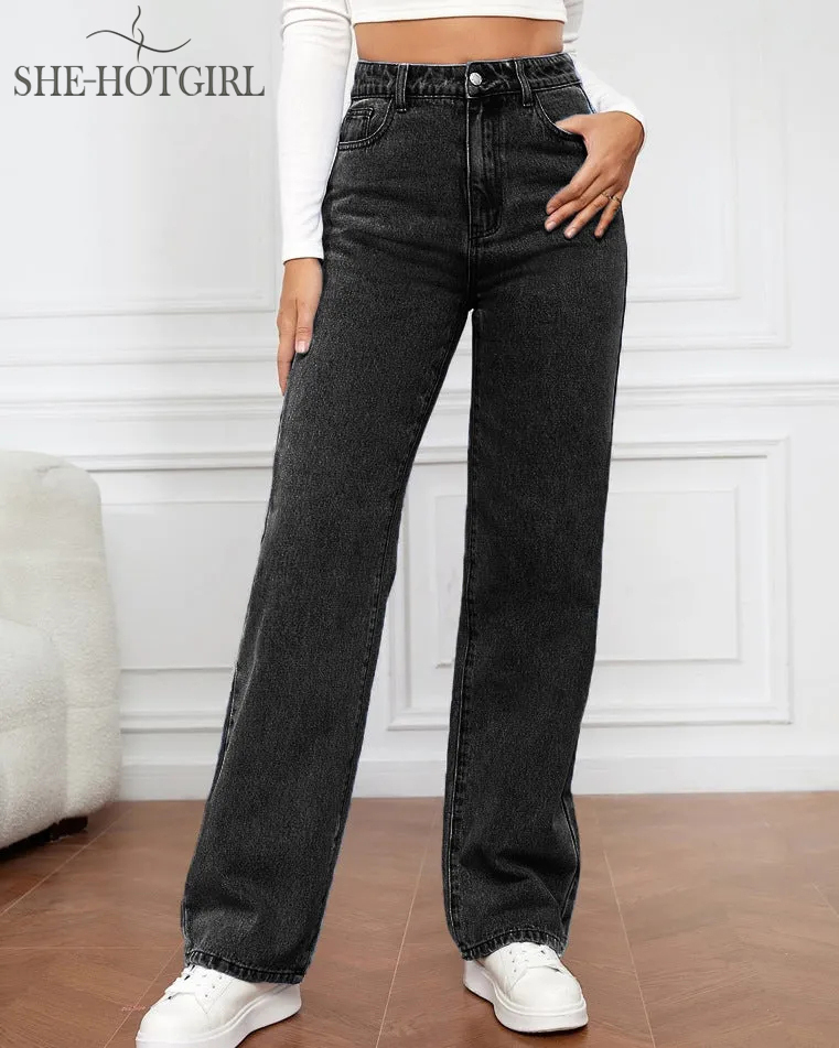 Women's High Waist Zipper Fly Straight Leg Baggy Jeans