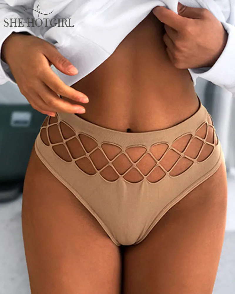 Women's Sexy Lingerie Seamless Mid Waist Mesh Hollow Thong Underwear