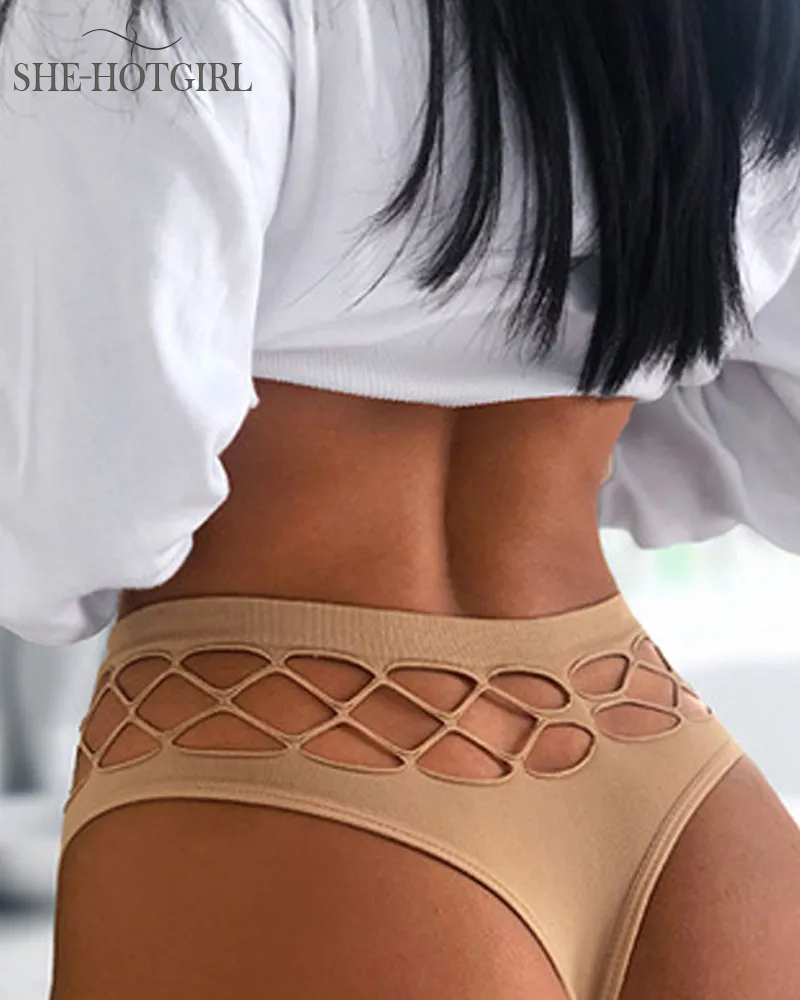 Women's Sexy Lingerie Seamless Mid Waist Mesh Hollow Thong Underwear