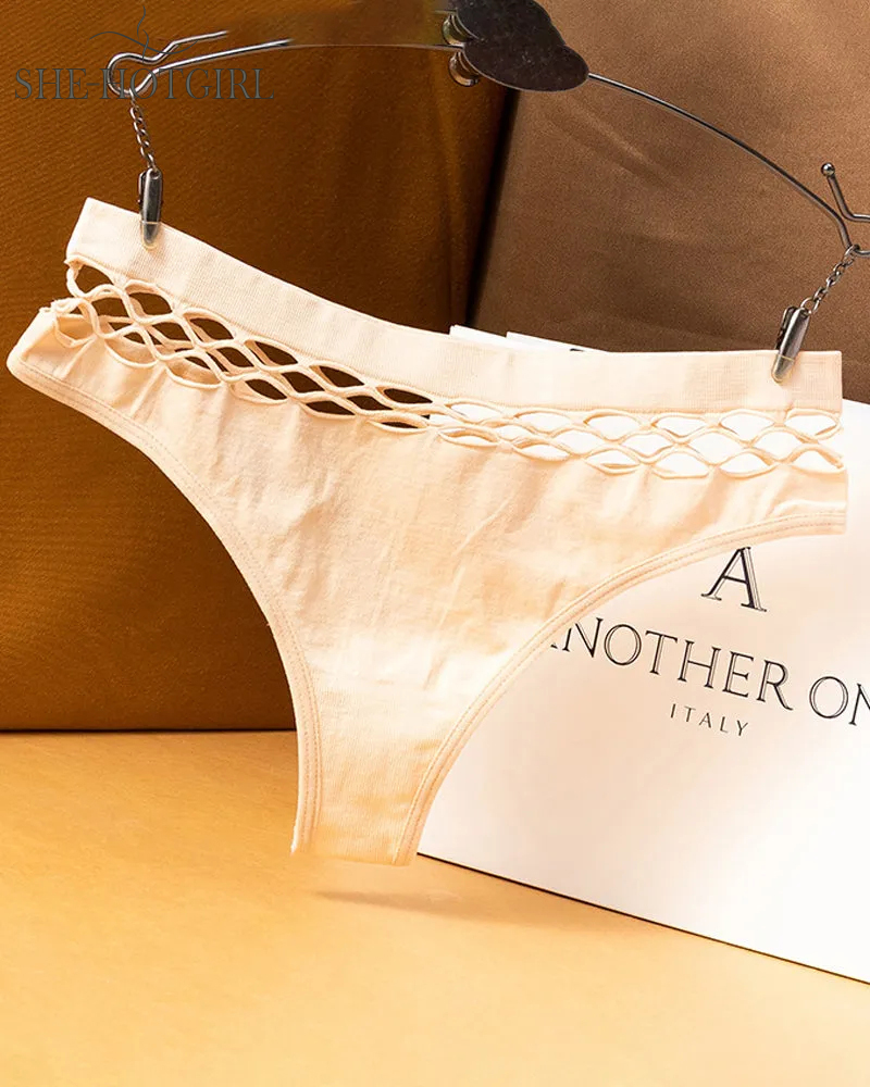 Women's Sexy Lingerie Seamless Mid Waist Mesh Hollow Thong Underwear