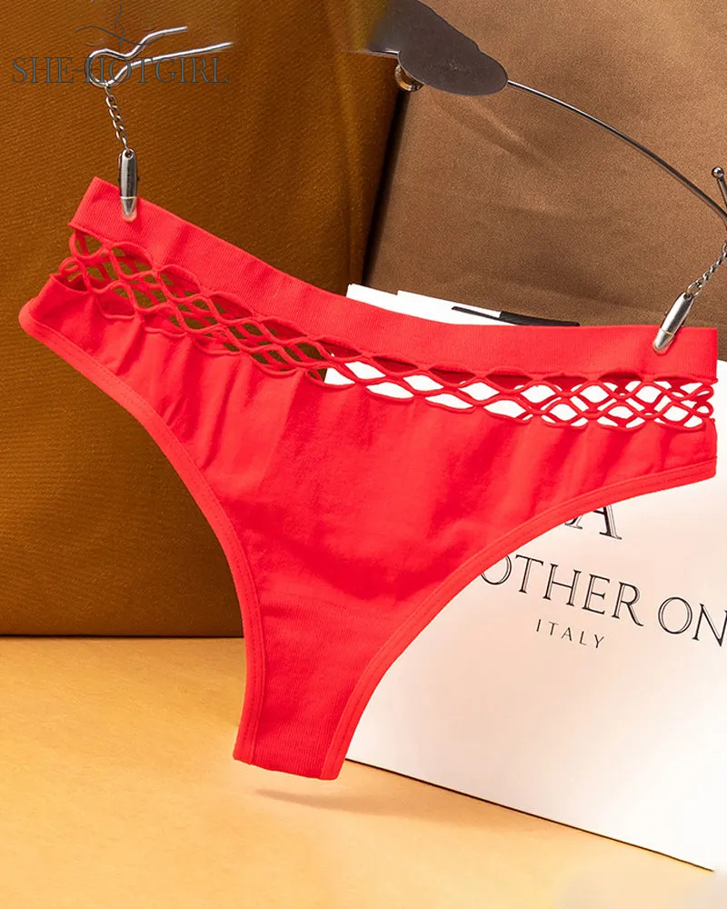 Women's Sexy Lingerie Seamless Mid Waist Mesh Hollow Thong Underwear