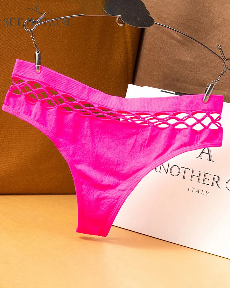 Women's Sexy Lingerie Seamless Mid Waist Mesh Hollow Thong Underwear