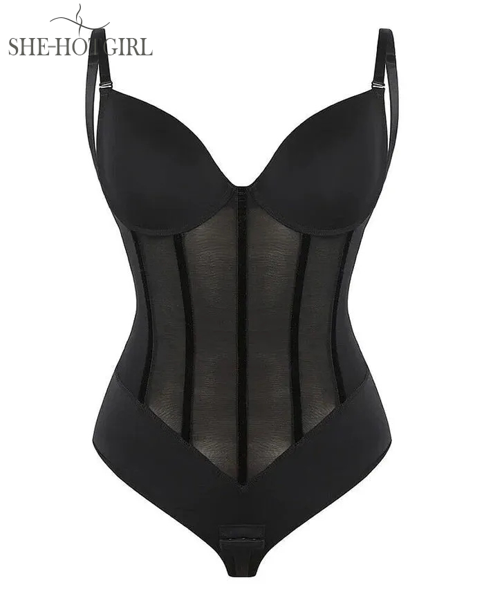 Women's Tummy Control Thong Sheer Mesh Corset Top Backless Bodysuits