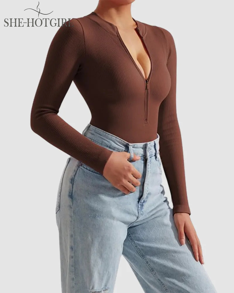 Zipper Front Long Sleeve Sexy Ribbed Triangle Bodysuit