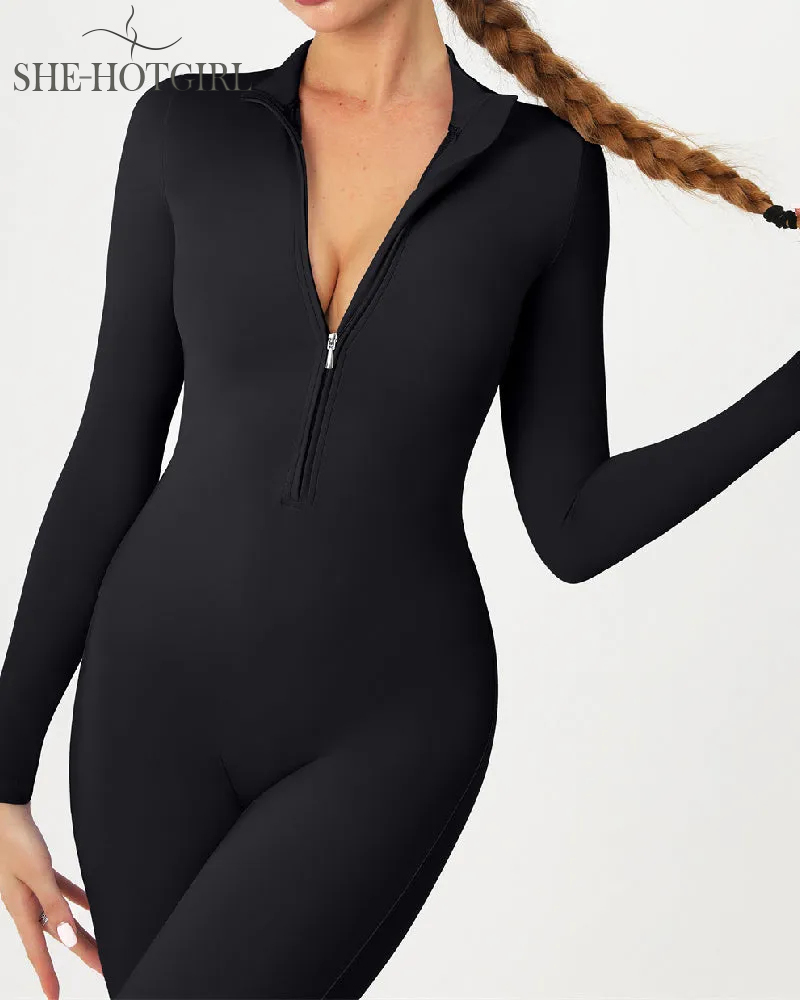 Zipper Long Sleeve Fleece Skinny Jumpsuit Winter Thermal One Piece Fitness Bodysuit