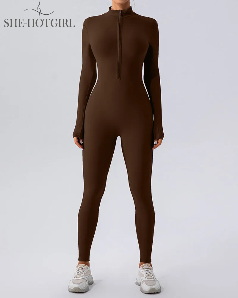 Zipper Long Sleeve Fleece Skinny Jumpsuit Winter Thermal One Piece Fitness Bodysuit