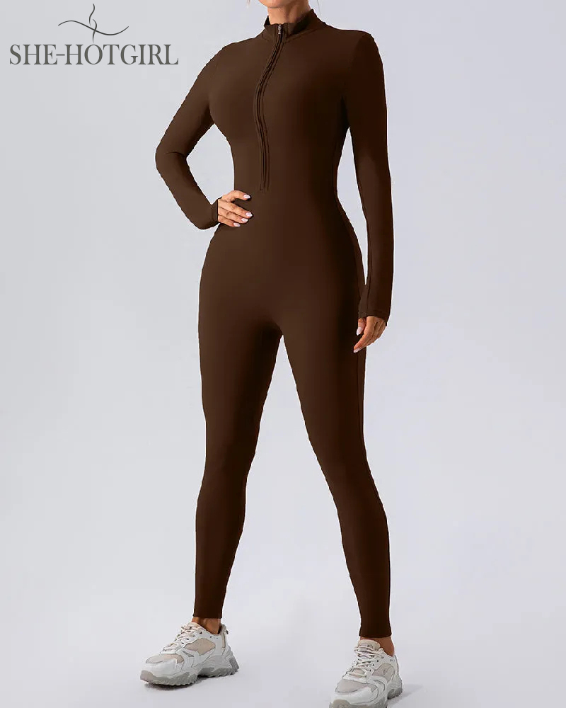 Zipper Long Sleeve Fleece Skinny Jumpsuit Winter Thermal One Piece Fitness Bodysuit