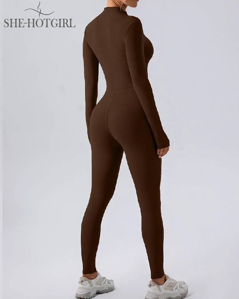 Zipper Long Sleeve Fleece Skinny Jumpsuit Winter Thermal One Piece Fitness Bodysuit