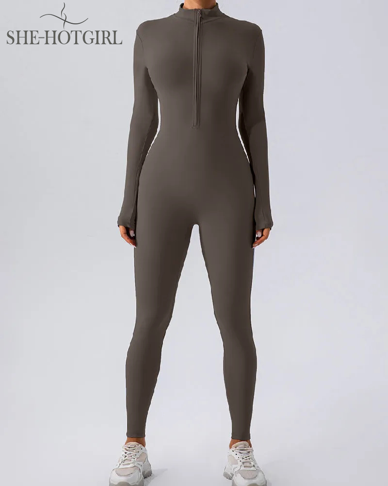 Zipper Long Sleeve Fleece Skinny Jumpsuit Winter Thermal One Piece Fitness Bodysuit