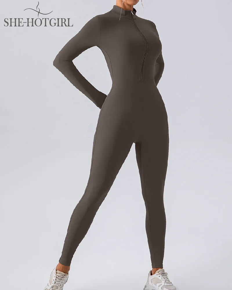 Zipper Long Sleeve Fleece Skinny Jumpsuit Winter Thermal One Piece Fitness Bodysuit