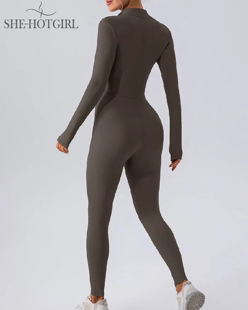 Zipper Long Sleeve Fleece Skinny Jumpsuit Winter Thermal One Piece Fitness Bodysuit