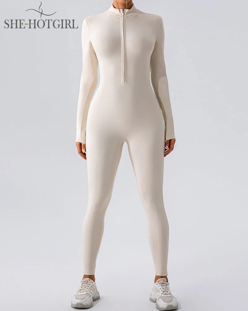 Zipper Long Sleeve Fleece Skinny Jumpsuit Winter Thermal One Piece Fitness Bodysuit