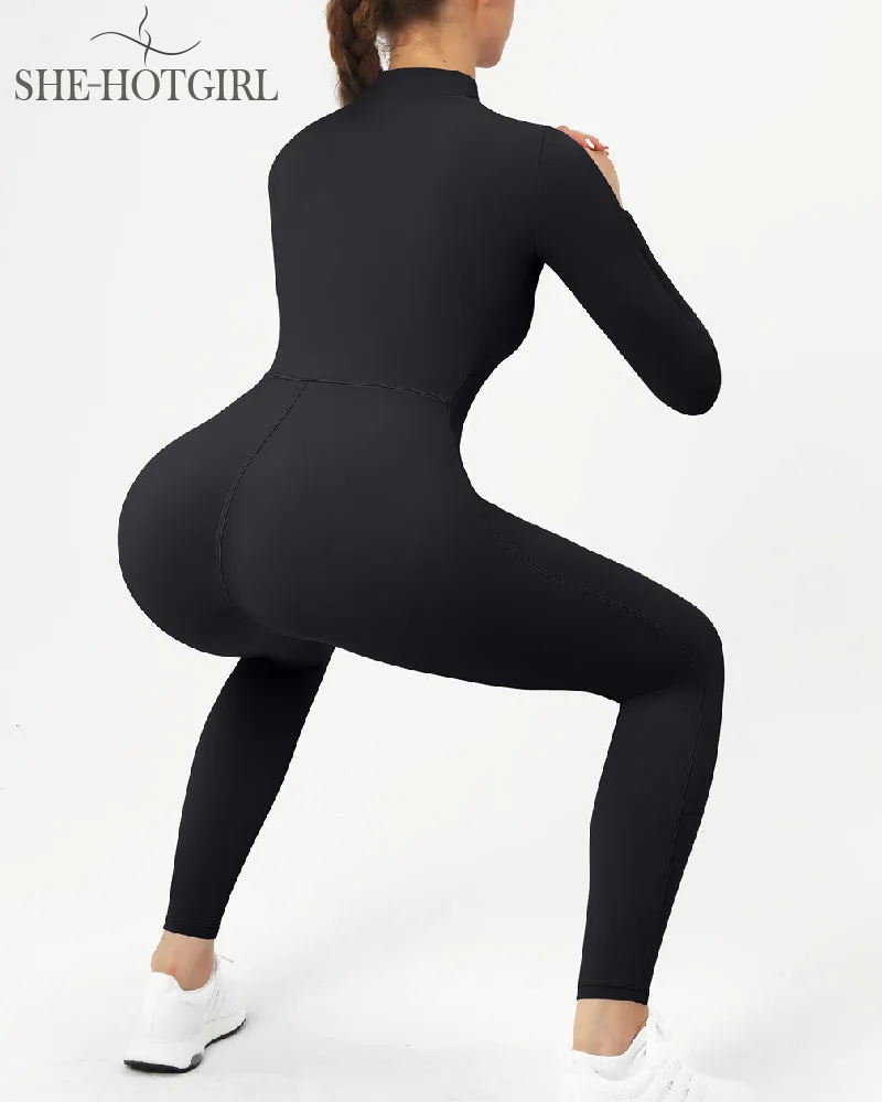 Zipper Long Sleeve Fleece Skinny Jumpsuit Winter Thermal One Piece Fitness Bodysuit