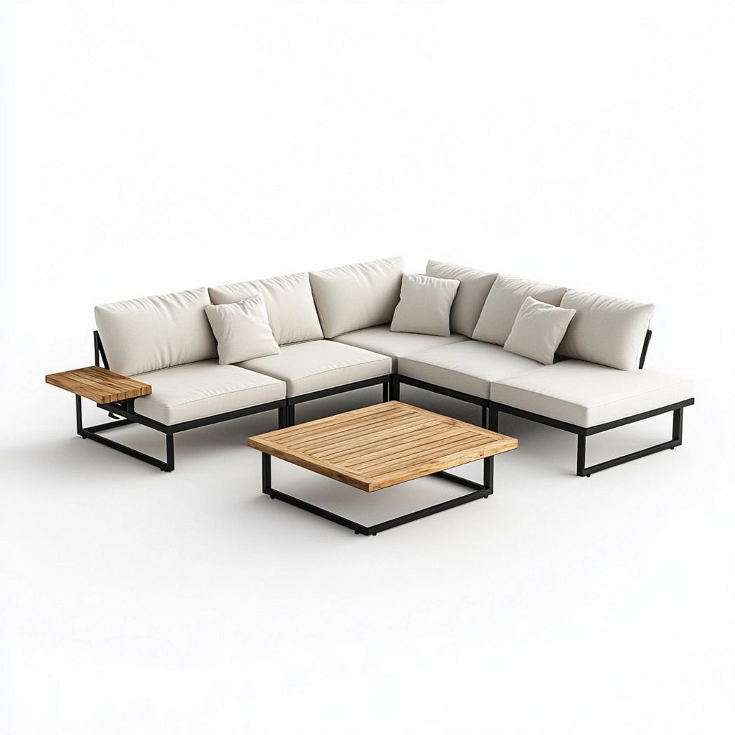 Sofá Esquinero Modular Exterior Cojines Cómodos Aluminio Madera Blanco Terraza 250x75cm-Douxtendance