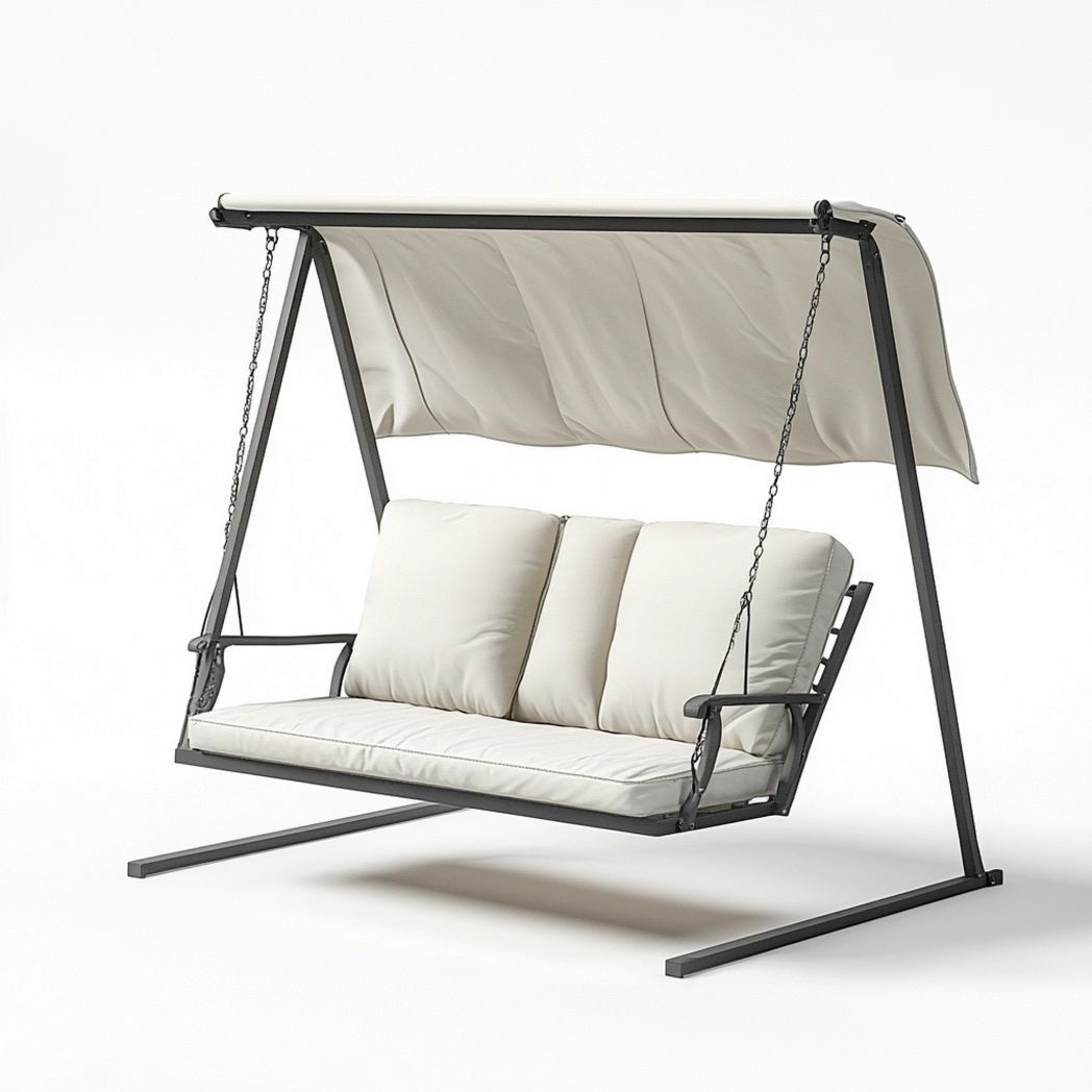 Columpio de Jardín Dos Plazas con Cojines Estructura Metálica Blanco Crema Exterior Terrazas 170x110x153 cm-Douxtendance