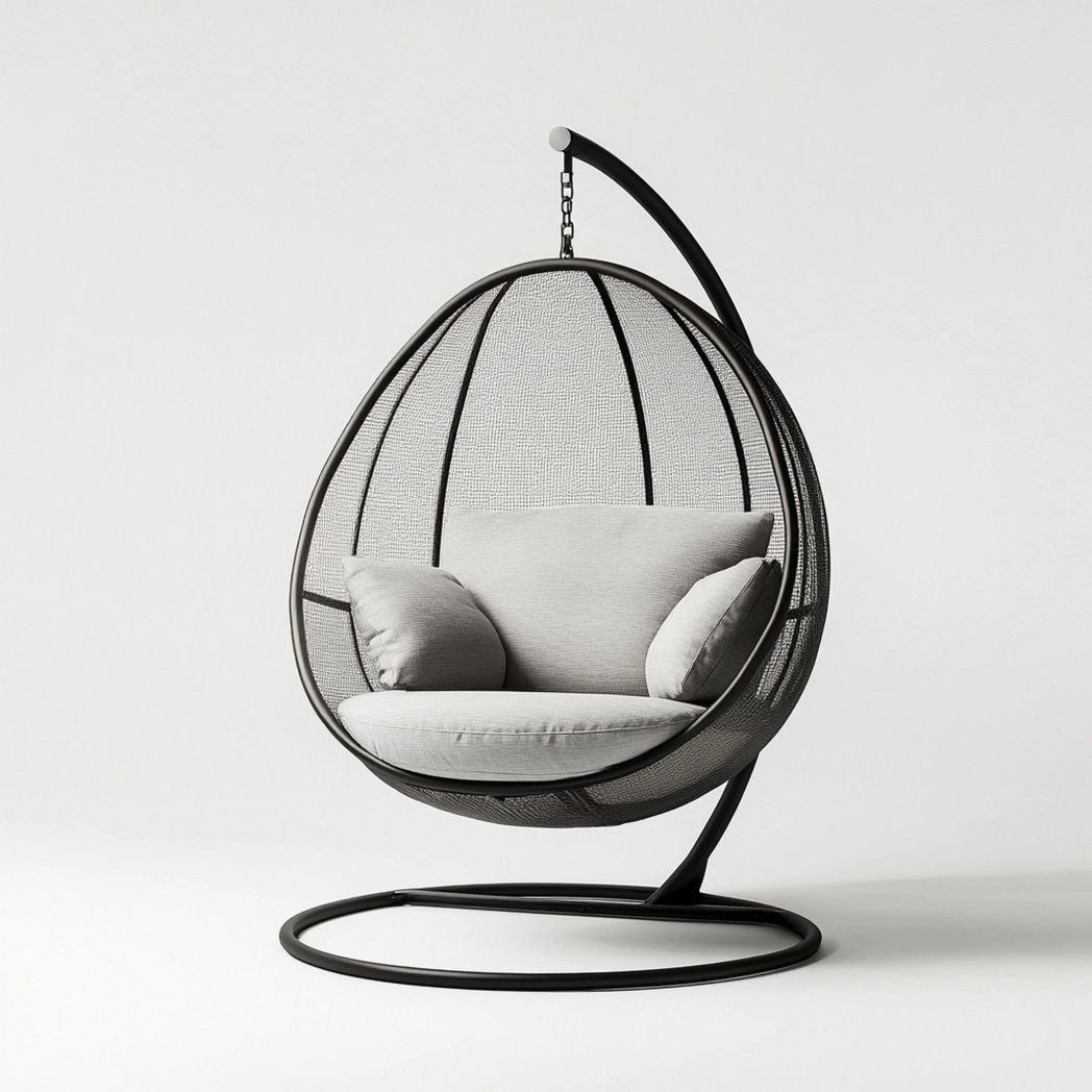 Silla Colgante de Exterior de Ratán con Cojines Grises y Estructura Metálica Negra para Jardín 195x105x105 cm-Douxtendance