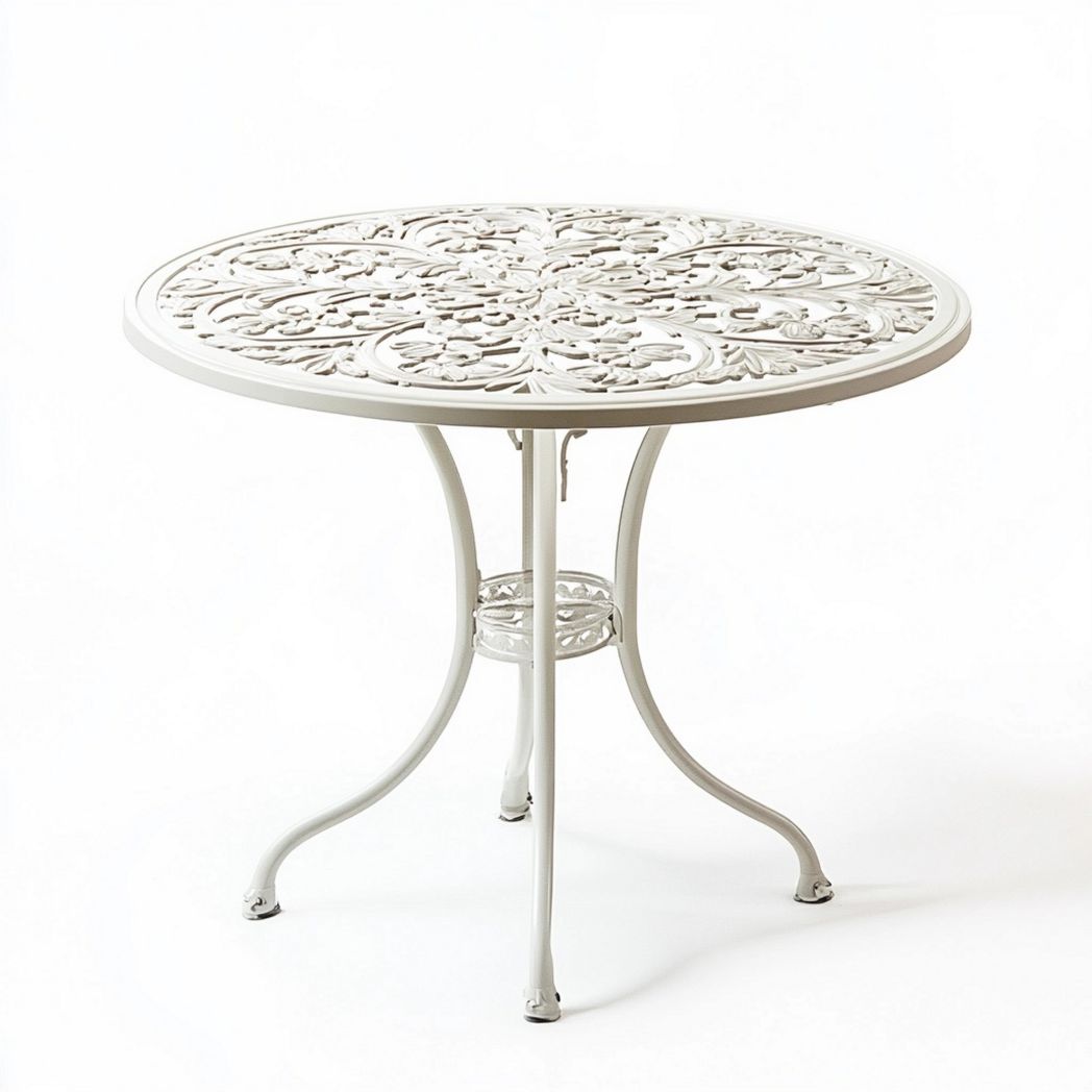 Mesa Redonda Jardín Hierro Fundido Decorativa Blanca Clásica Exterior 90cm-Douxtendance