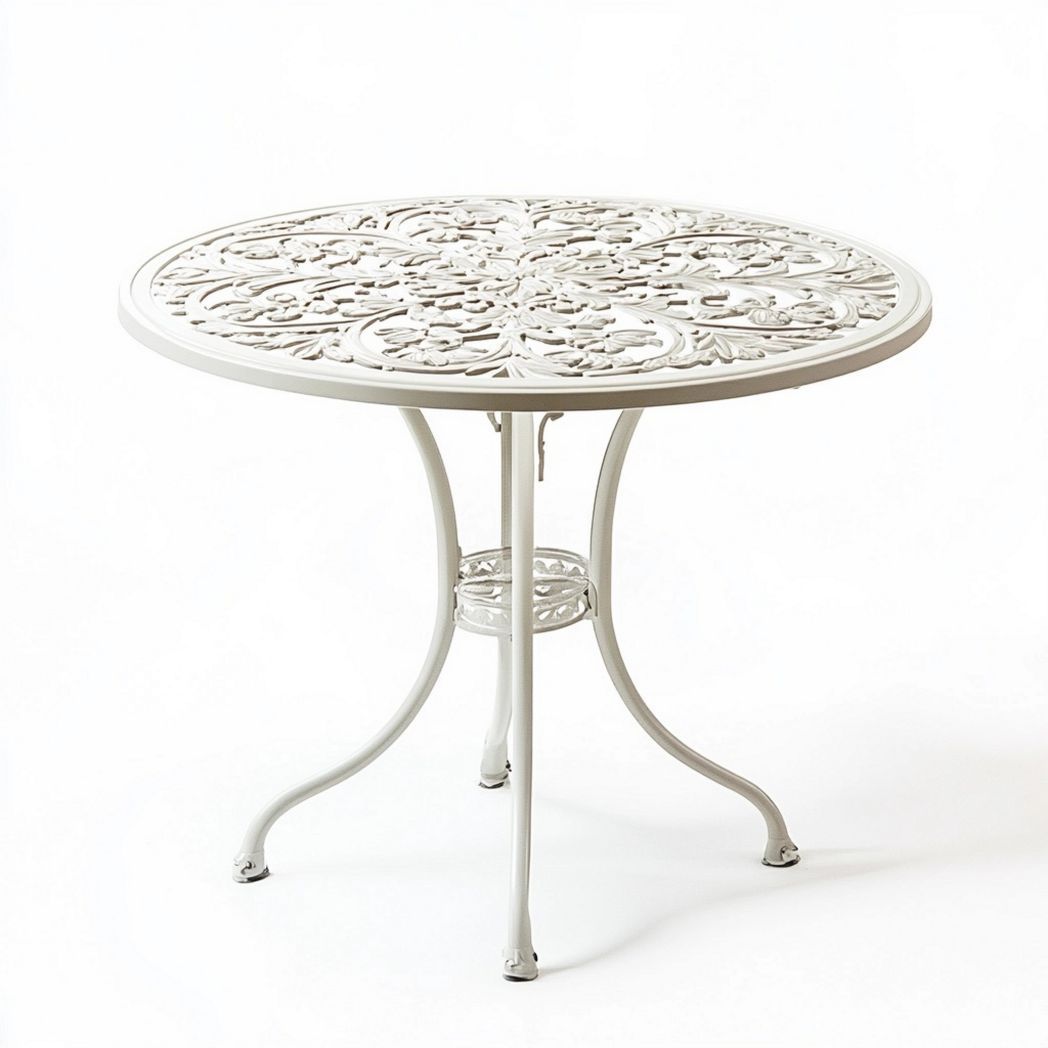 Mesa Redonda Jardín Hierro Fundido Decorativa Blanca Clásica Exterior 90cm-Douxtendance
