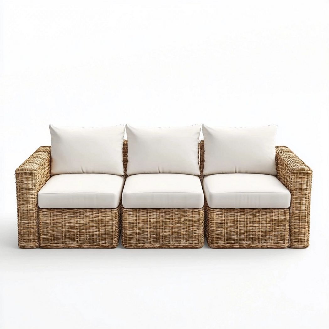 Sofá Modular de Ratán para Exterior con Cojines Blancos para Jardín de 3 Plazas-Douxtendance