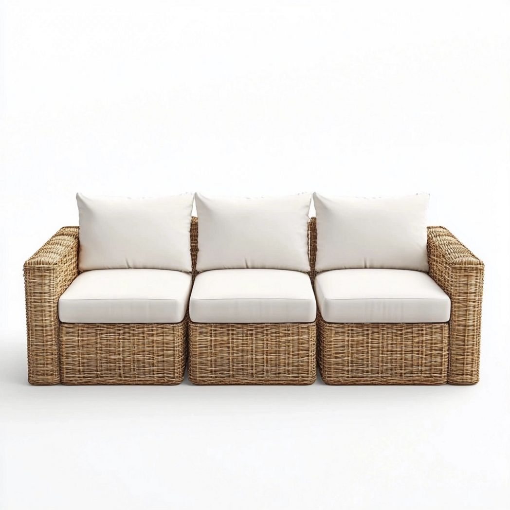 Sofá Modular de Ratán para Exterior con Cojines Blancos para Jardín de 3 Plazas-Douxtendance