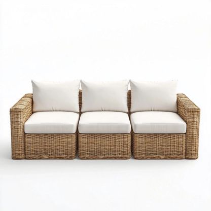 Sofá Modular de Ratán para Exterior con Cojines Blancos para Jardín de 3 Plazas-Douxtendance