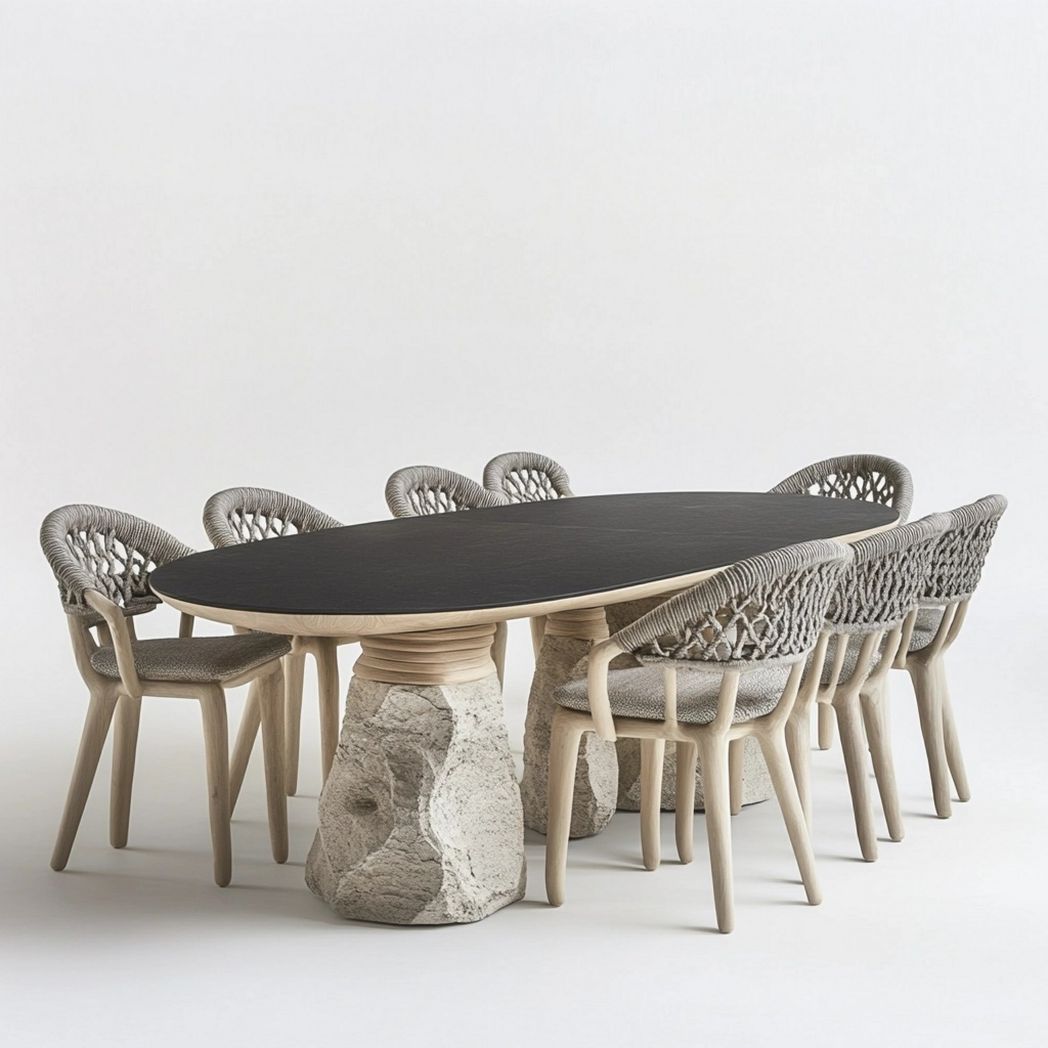 Mesa comedor exterior ovalada piedra madera grande moderna Gris/Beige-Douxtendance