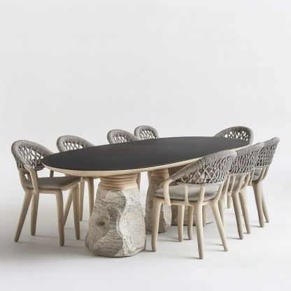 Mesa comedor exterior ovalada piedra madera grande moderna Gris/Beige-Douxtendance