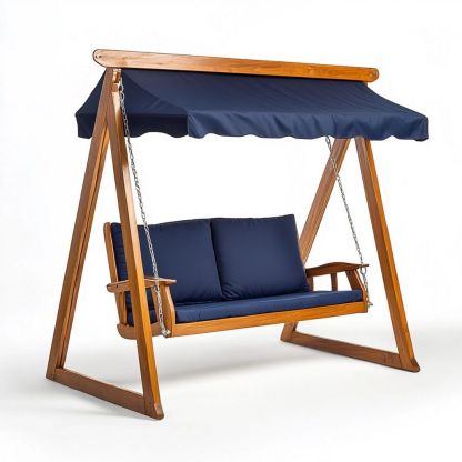 Columpio Exterior de Madera con Almohadones Cojín Azul Jardín 200x120x170 cm-Douxtendance