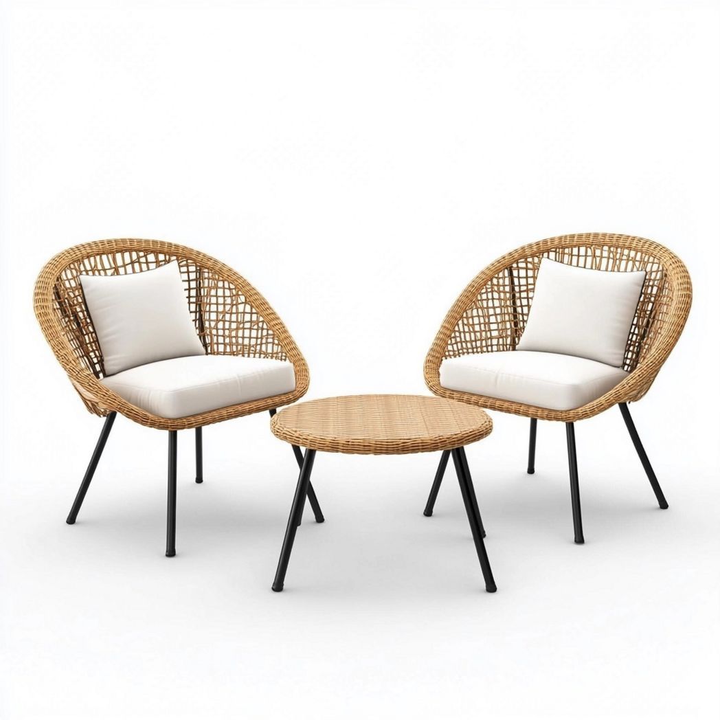 Conjunto de Muebles de Ratán para Exterior Sillas y Mesa Redonda Diseño Contemporáneo Beige-Douxtendance