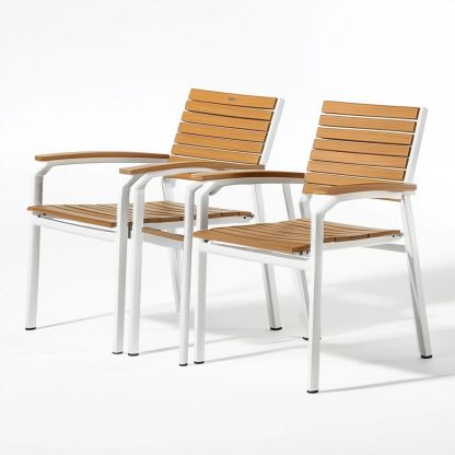 Sillas de Exterior con Estructura de Aluminio y Listones de Madera para Terraza y Jardín en Blanco y Madera Natural 85x60x58 cm-Douxtendance