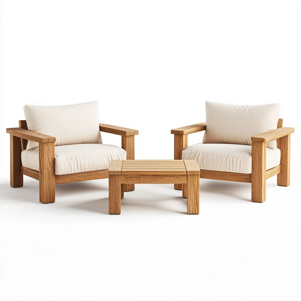 Juego de Muebles de Jardín Exterior de Madera Maciza con Cojines Beige para Terraza-Douxtendance