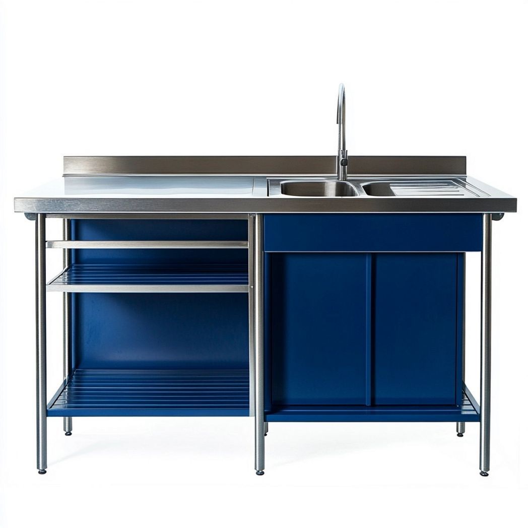 Fregadero de acero inoxidable con estantería azul para cocina exterior y barbacoa de jardín-Douxtendance