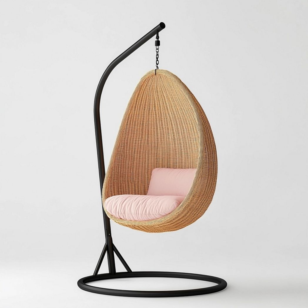 Sillón Colgante de Mimbre con Cojín Rosa para Interior y Exterior 105x105x198cm-Douxtendance