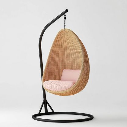 Sillón Colgante de Mimbre con Cojín Rosa para Interior y Exterior 105x105x198cm-Douxtendance